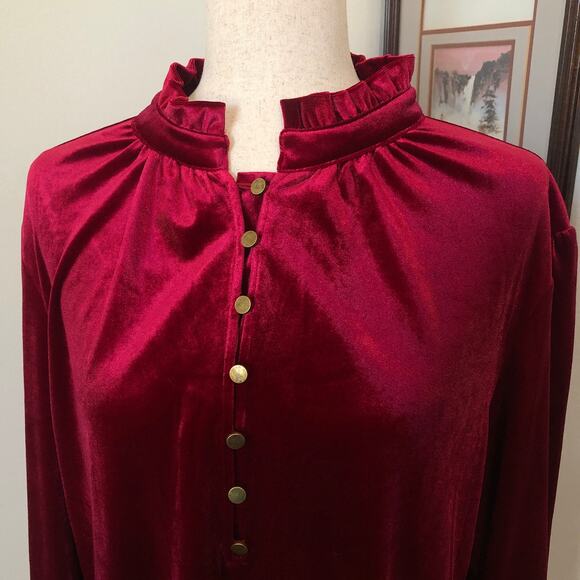 Red Velvet Ruffle Neck Blouse XL Long Sleeve Top Holiday Party Romantic Goth - Picture 2 of 10